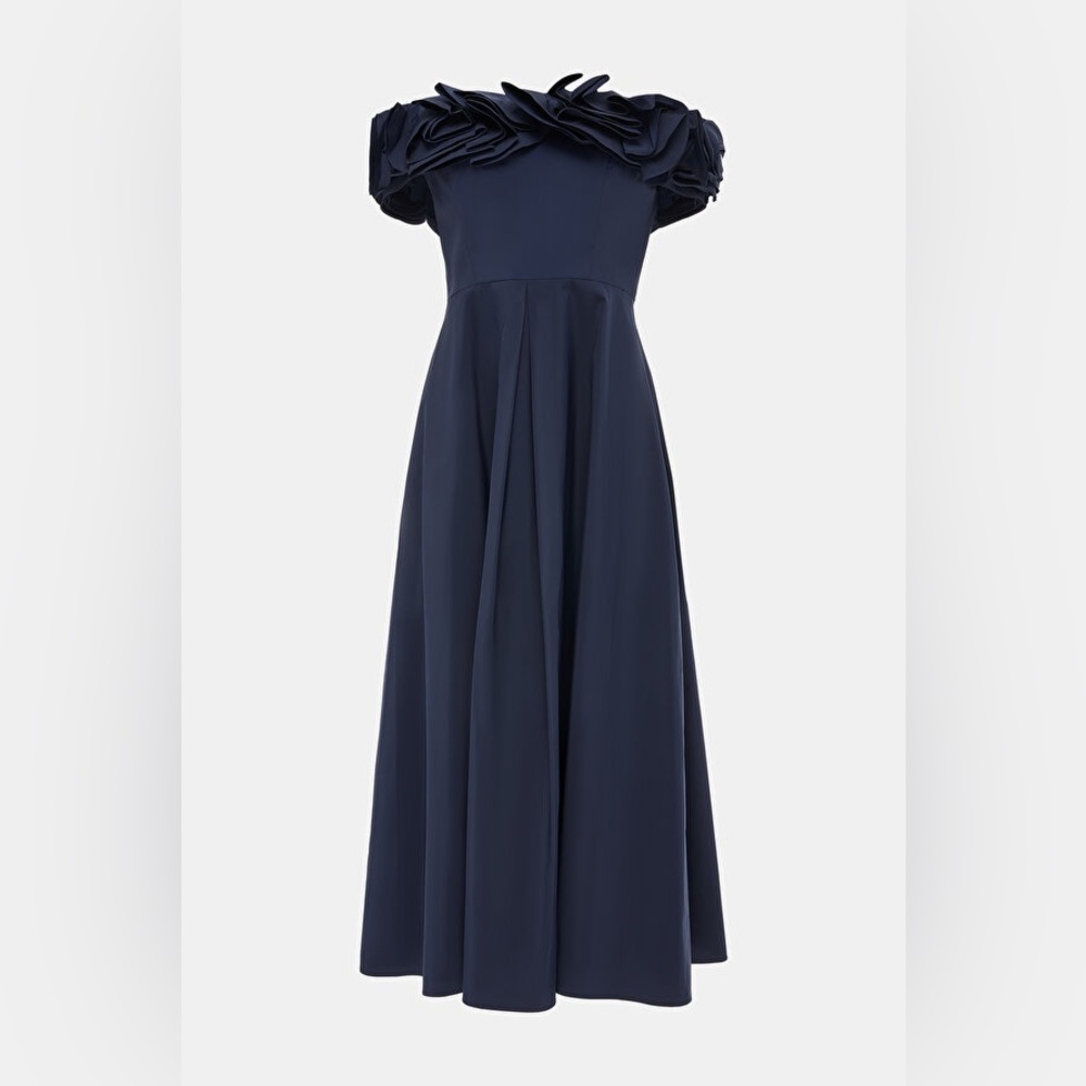 Aidan Mattox Navy Satin Rosette Off Shoulder Midi Dress NWT SZ 4 cocktail formal